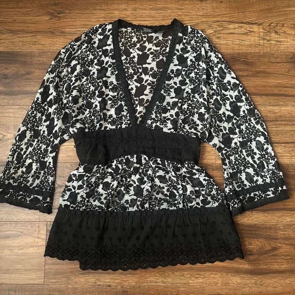 Black White Floral Lace Babydoll Top Women Small Sheer Whimsygoth Boho Y2K Fairy